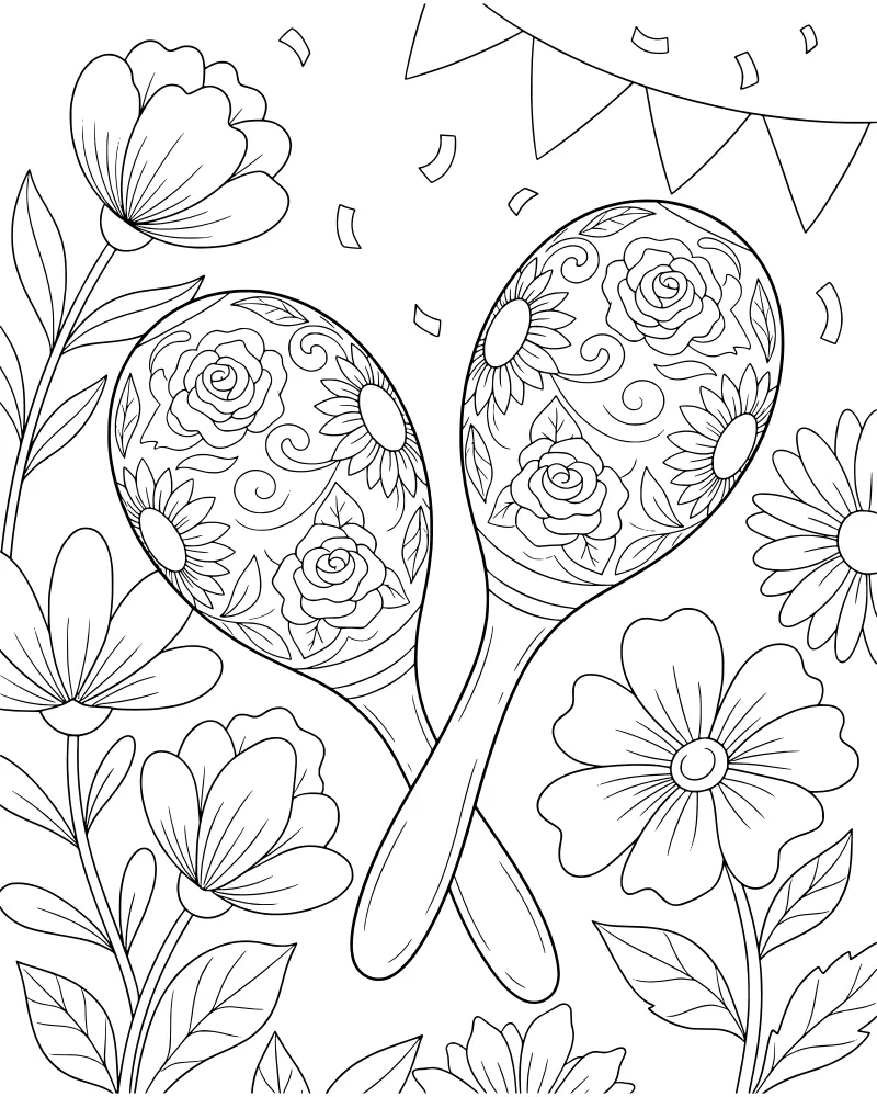 Two decorated maracas crossed in the center of a floral scene with roses, sunflowers, and party bunting.