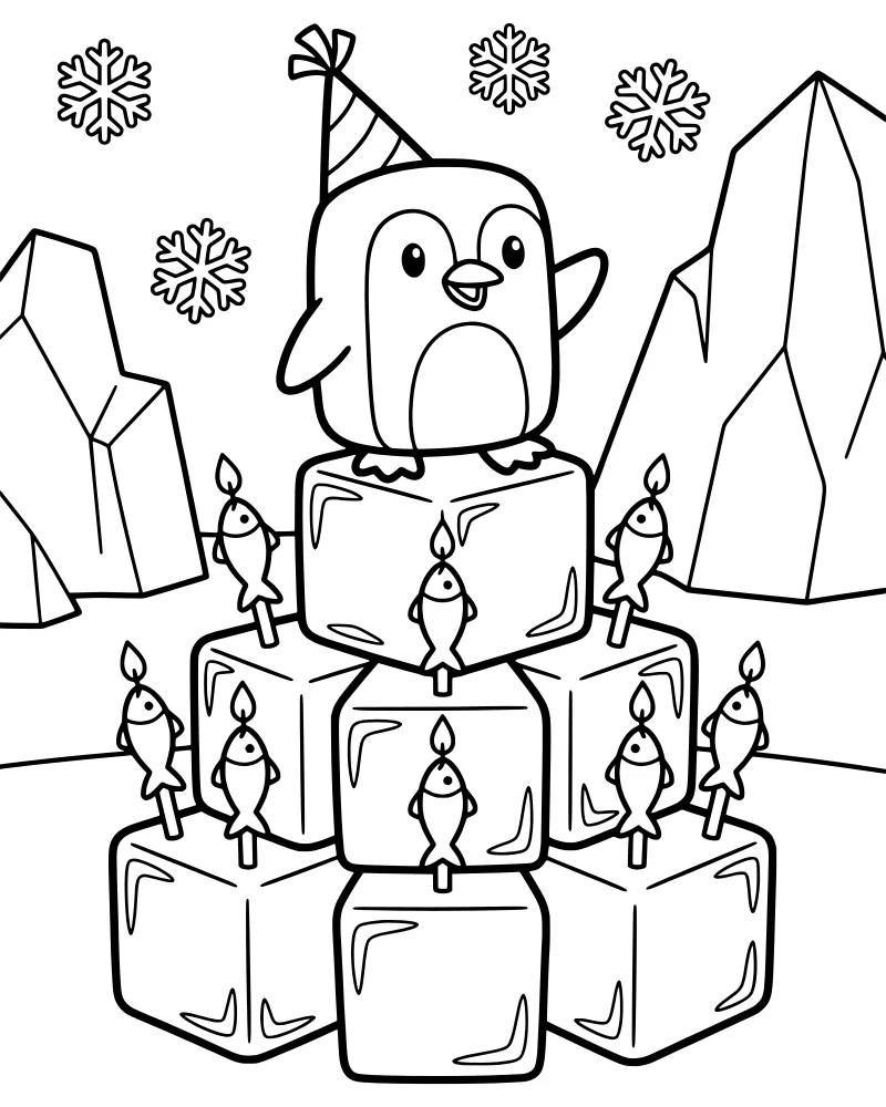 A cartoon penguin wearing a party hat standing on ice blocks with candles shaped like fish, surrounded by snowflakes and icebergs.