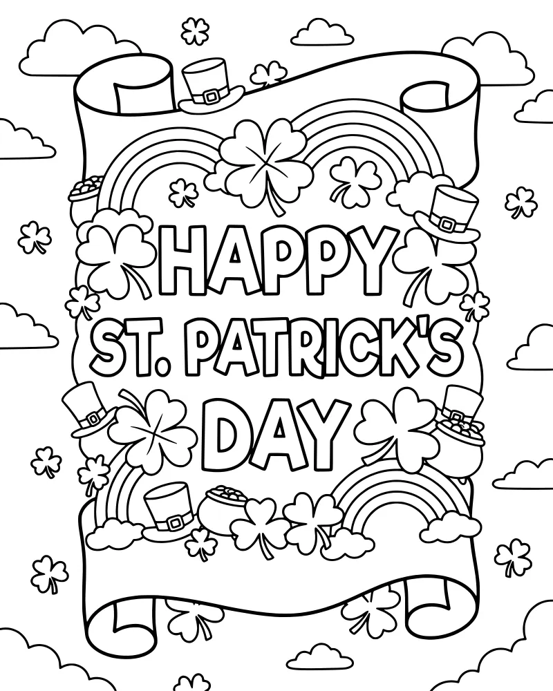 Cartoon St. Patrick's Day scene with a Happy St. Patrick's Day banner, rainbows, pots of gold, shamrocks, and top hats.