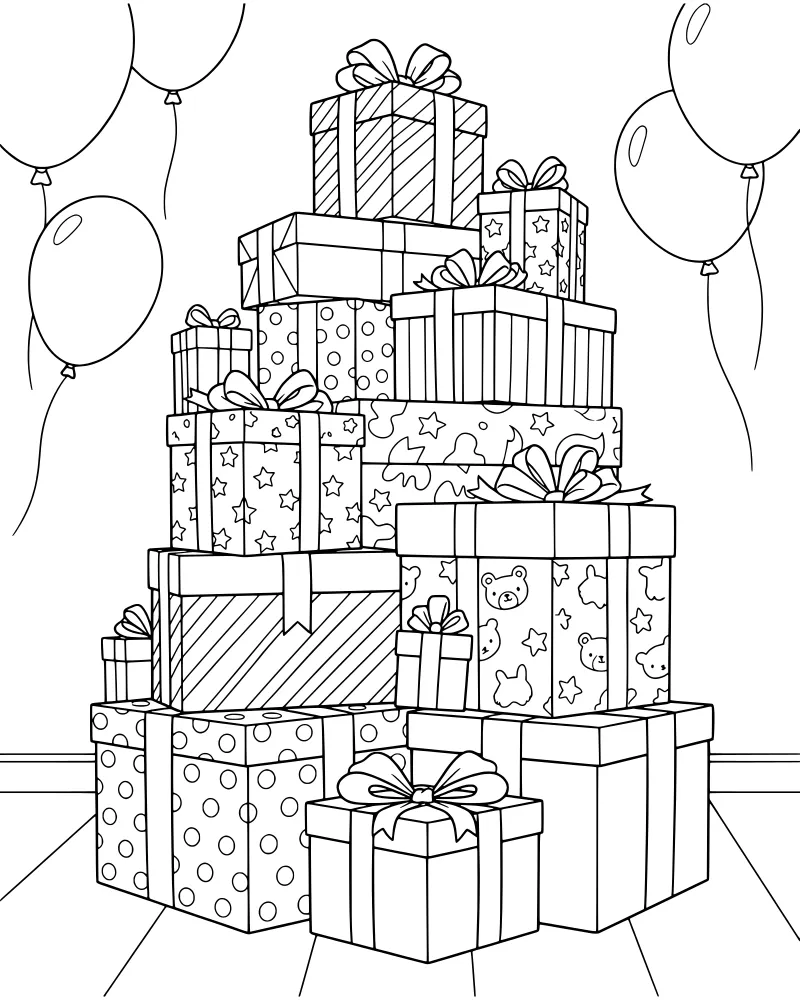 A cartoon stack of gift boxes with patterns like stars, dots, and animals, with balloons floating in the background.