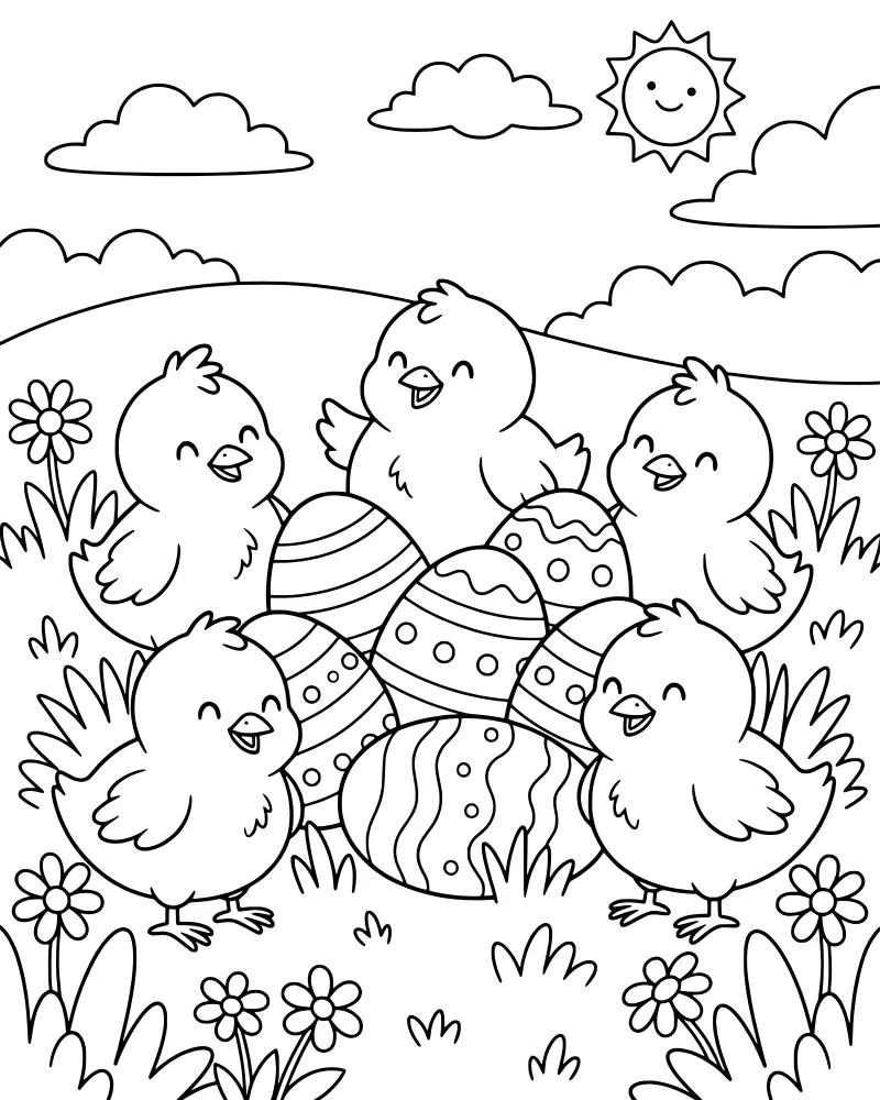 Five cartoon chicks standing in a grassy field next to decorated Easter eggs under a smiling sun and clouds.