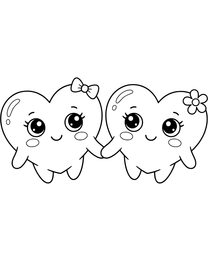 Two cute cartoon heart characters holding hands, one wearing a bow and the other holding a small flower, both with happy smiling faces.
