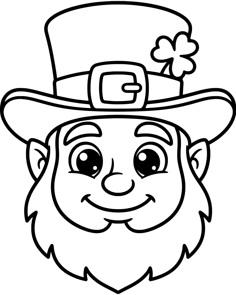 A cartoon leprechaun face with a big smile, wearing a tall top hat with a buckle and a shamrock.