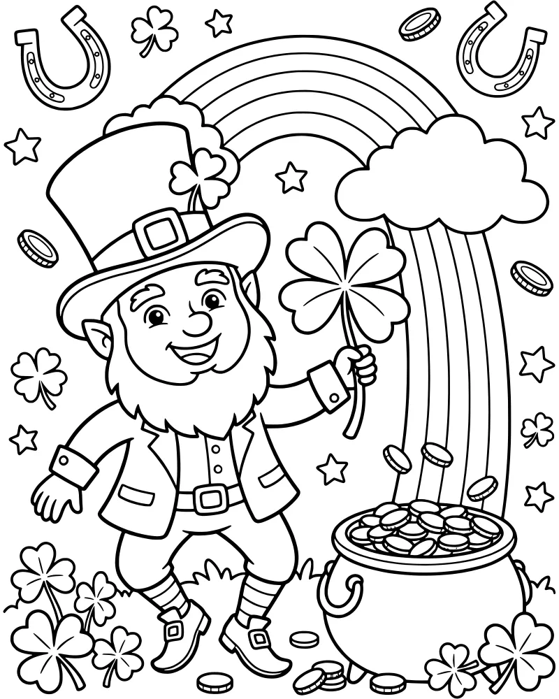 Cartoon leprechaun holding a four-leaf clover next to a pot of gold at the end of a rainbow with clouds and stars.