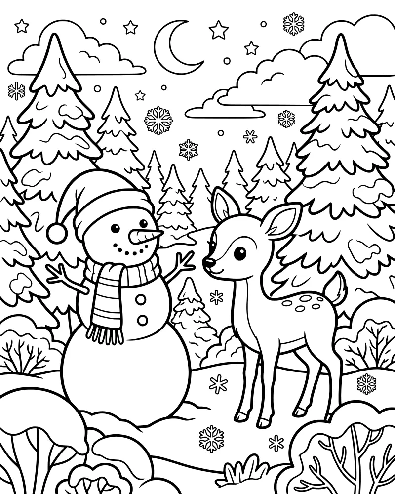 A cartoon snowman and a young deer standing in a snowy forest under a crescent moon and starry sky with falling snowflakes.