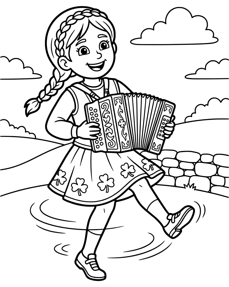 A cartoon girl with braids playing an accordion and dancing in a field of shamrocks with hills and a stone wall in the background.