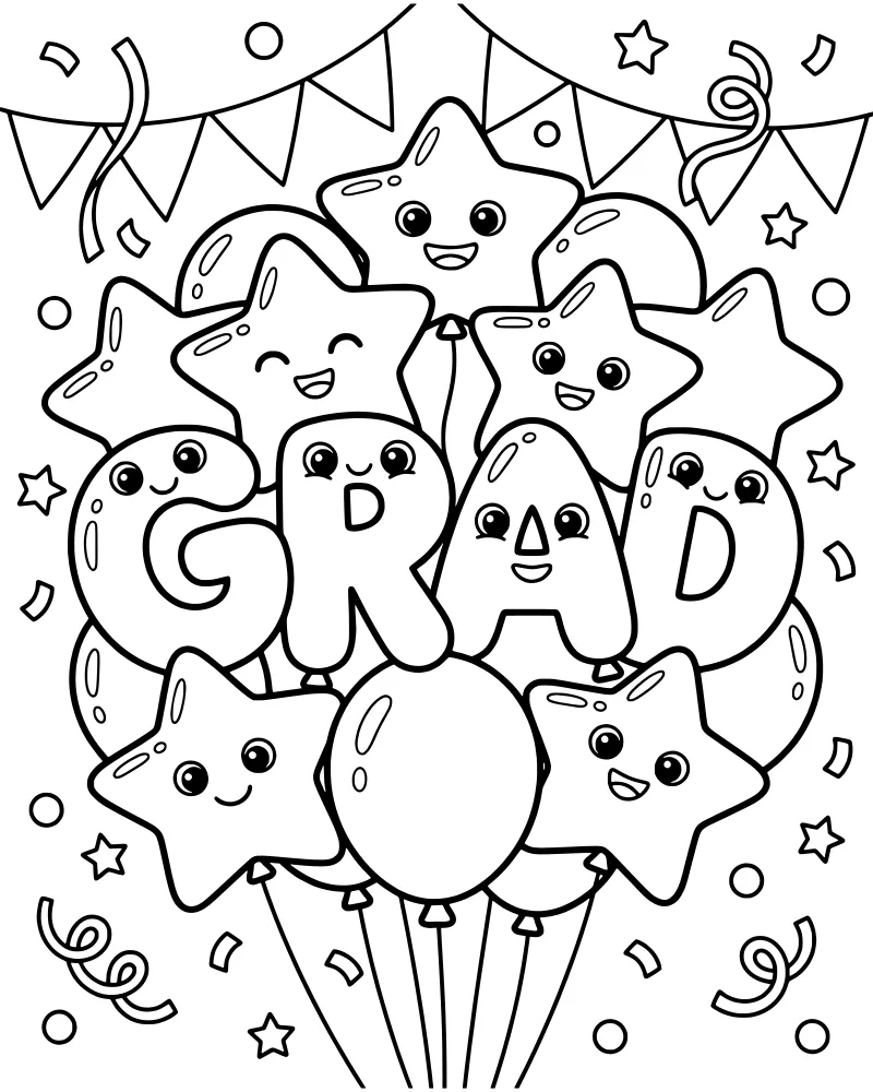 A festive coloring scene with balloons spelling GRAD, smiling stars, confetti, and party bunting.