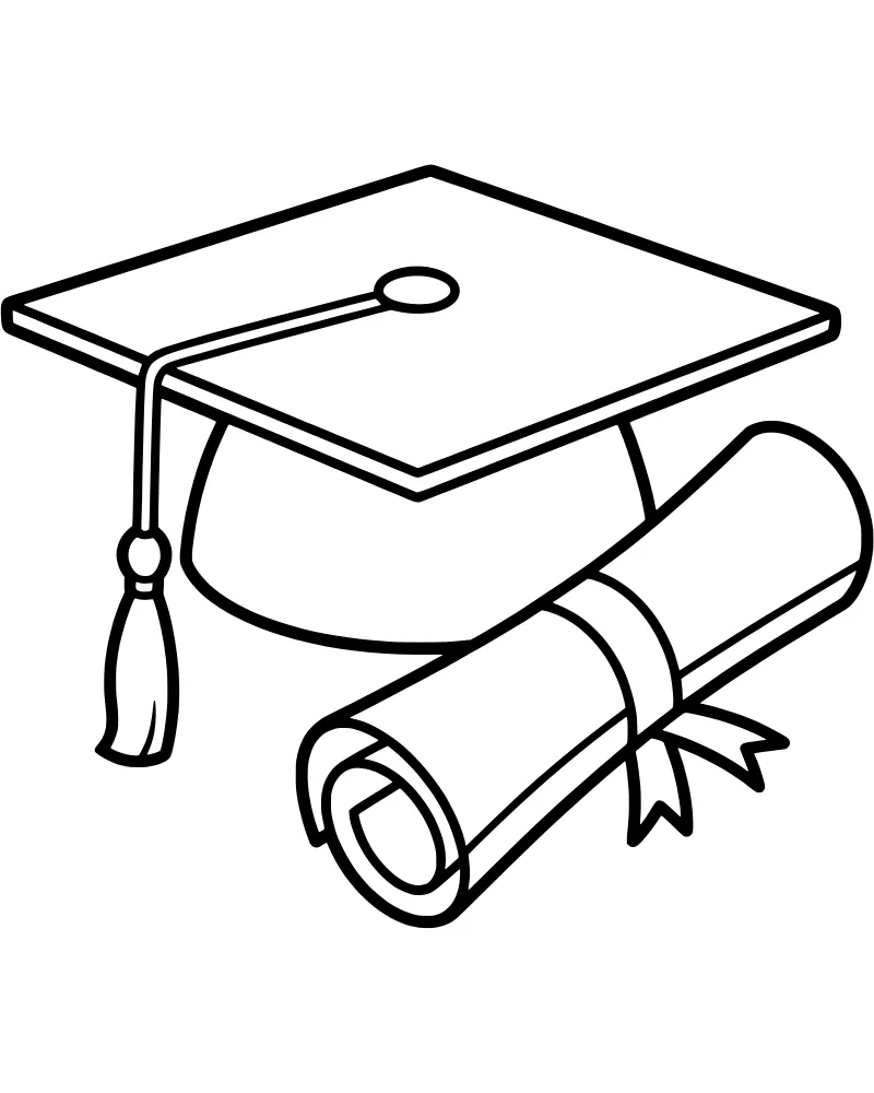 A cartoon graduation cap with a tassel sitting next to a rolled-up diploma tied with a ribbon bow.