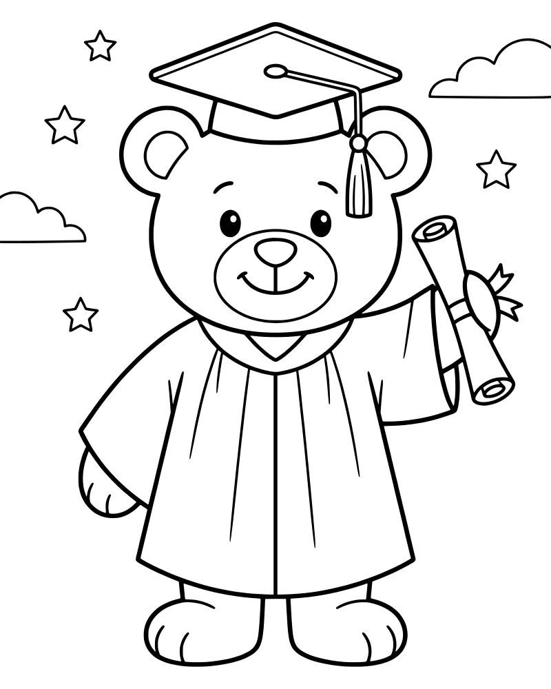 A cute cartoon teddy bear wearing a graduation cap and gown, holding a diploma with a ribbon, surrounded by stars and clouds.