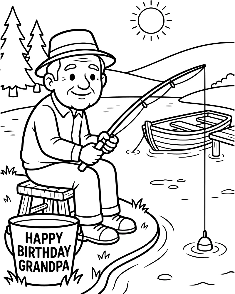 A cartoon grandfather sitting on a stool fishing on a dock near a boat with a birthday bucket and a sunny landscape background.