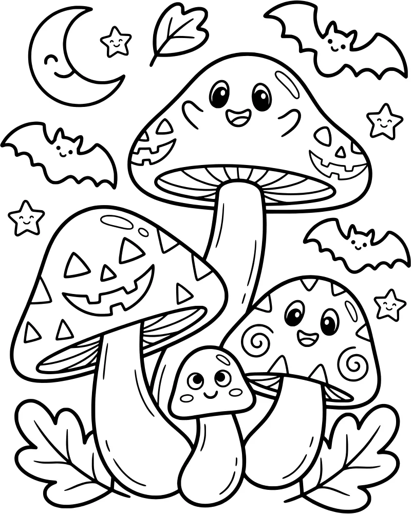 A cartoon scene of three mushrooms with jack-o'-lantern faces, two bats flying in a starry night sky with a crescent moon, and falling autumn leaves.