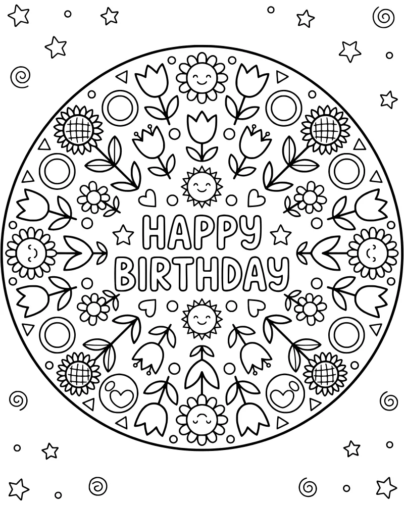 A circular birthday mandala with Happy Birthday text, smiling suns, sunflowers, tulips, hearts, and stars.