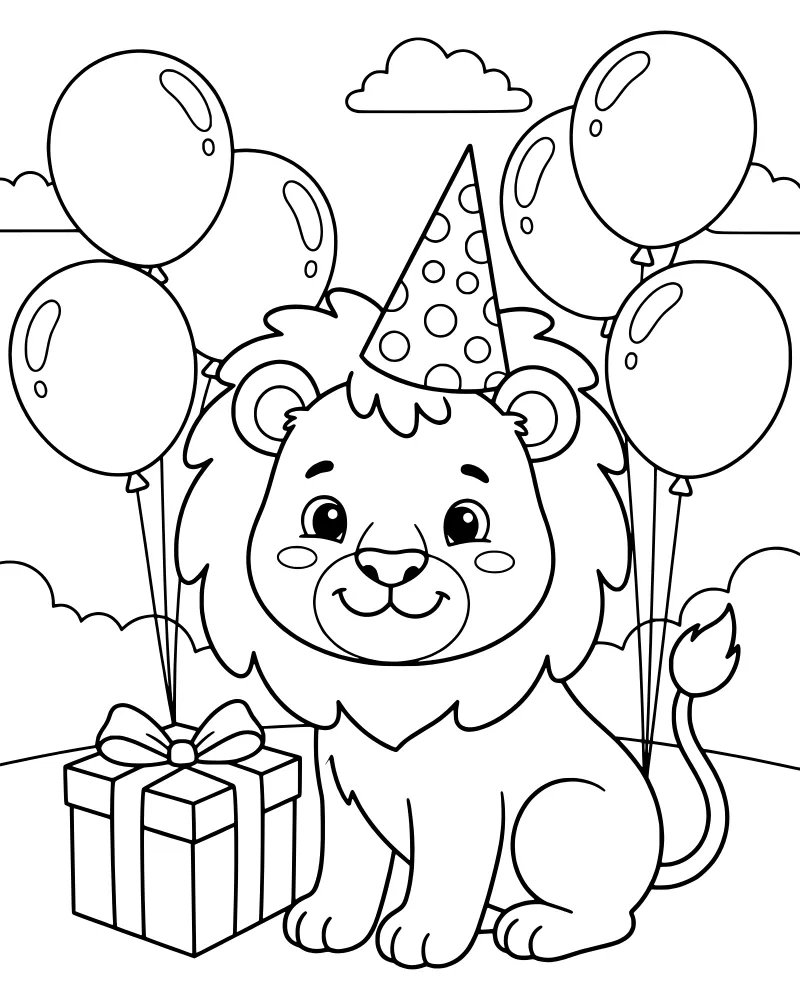 A cartoon lion wearing a spotted party hat sitting next to a gift box with balloons and clouds in the background.