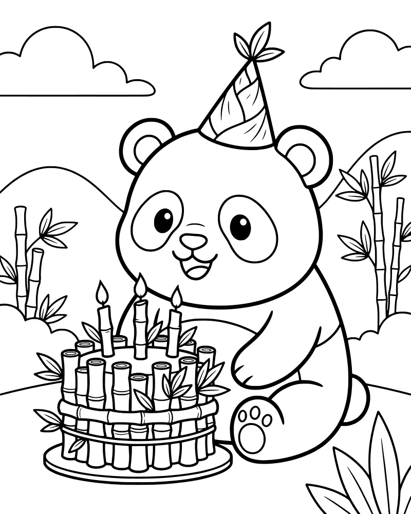 A cartoon panda wearing a party hat sitting behind a birthday cake with candles and bamboo in a hilly landscape.