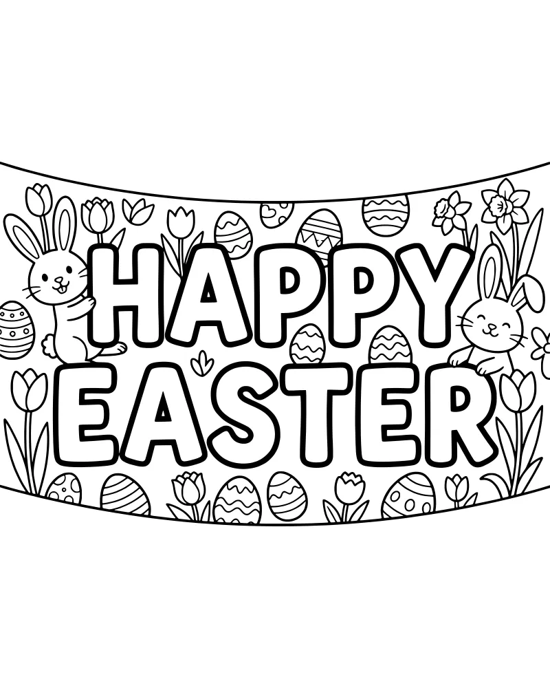 A cartoon coloring page featuring a Happy Easter banner, two bunnies, decorated eggs, tulips, and daffodils.