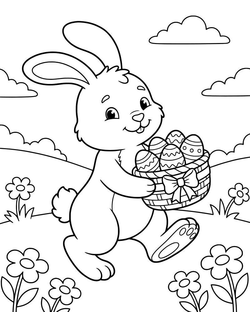 Cartoon bunny walking in a field with flowers and hills, carrying a basket of decorated Easter eggs.