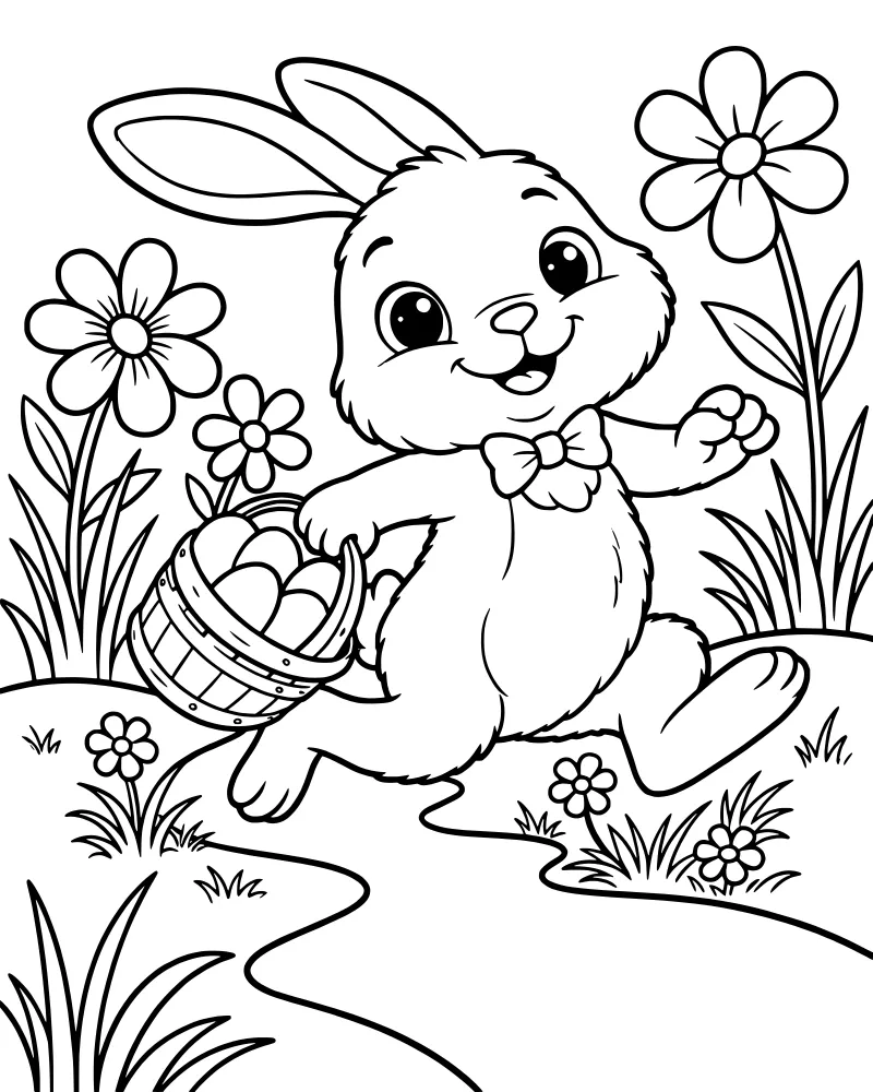 A cartoon Easter bunny wearing a bow tie and carrying a basket of patterned eggs while hopping on a path through a field of flowers.