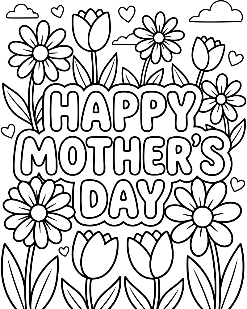 A cartoon floral arrangement featuring large daisies, tulips, hearts, and clouds surrounding the text Happy Mother's Day.