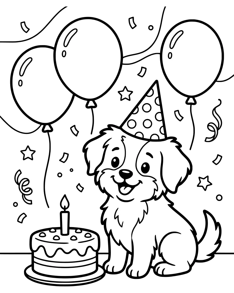 A cartoon puppy wearing a party hat sits next to a tiered birthday cake with a candle, surrounded by balloons and confetti.