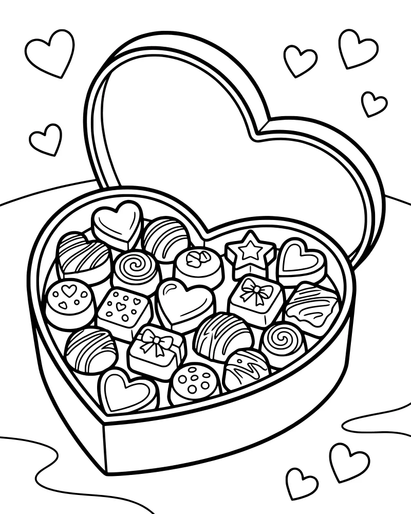 A heart-shaped box overflowing with assorted chocolates including stars, swirls, and hearts, surrounded by small floating heart shapes.