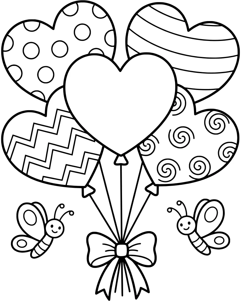 Five heart-shaped balloons with patterns like polka dots and chevrons tied with a bow while two butterflies fly nearby.