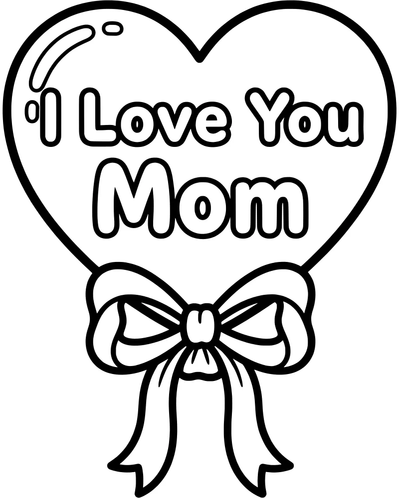 A large heart with the text I Love You Mom inside, decorated with a large bow and two curling ribbons at the bottom.