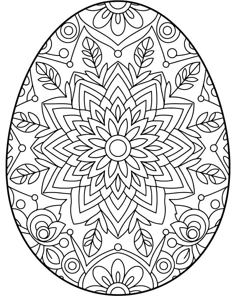 A detailed Easter egg with a symmetrical mandala pattern featuring flowers, leaves, and geometric shapes.
