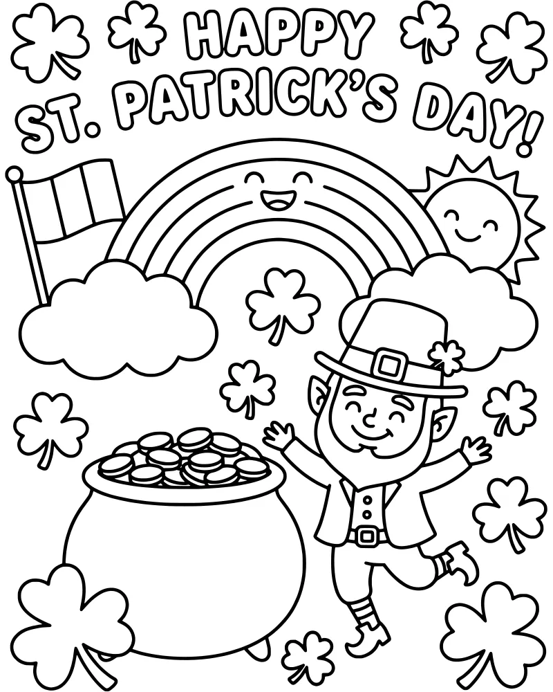 A cartoon leprechaun jumping next to a pot of gold with a rainbow, sun, and Irish flag in the background.