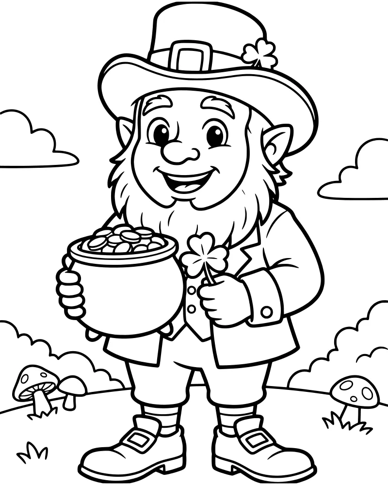 A cartoon leprechaun wearing a tall hat and suit, holding a pot of gold coins and a shamrock in a field with mushrooms and clouds.