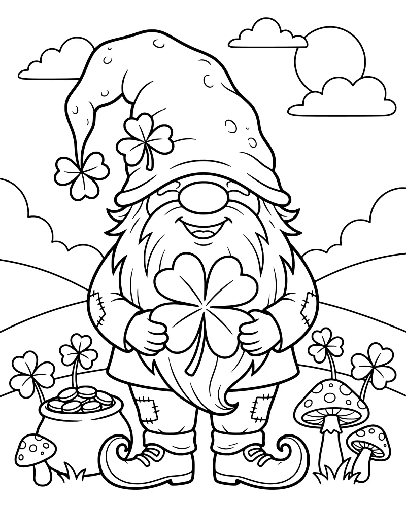 A cartoon gnome holding a giant four-leaf clover next to a pot of gold coins, mushrooms, and rolling hills under a sun.