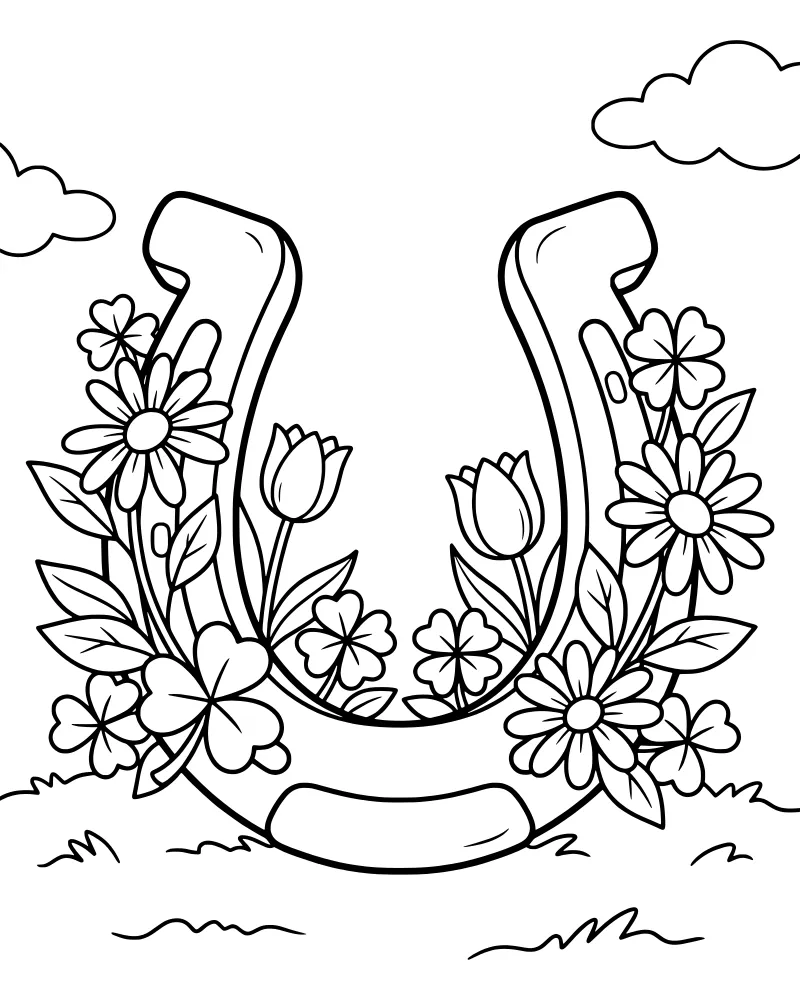 A cartoon horseshoe decorated with daisies, tulips, and clover leaves in a grassy field under a cloudy sky.