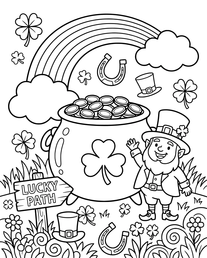 A cartoon leprechaun standing next to a pot of gold coins under a rainbow with shamrocks and horseshoes in the grass.