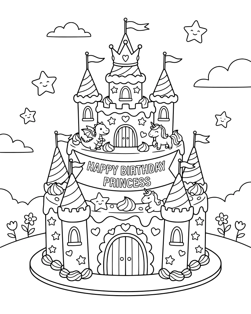 A three-tiered castle cake with a dragon, unicorn, smiling stars, and a birthday banner.