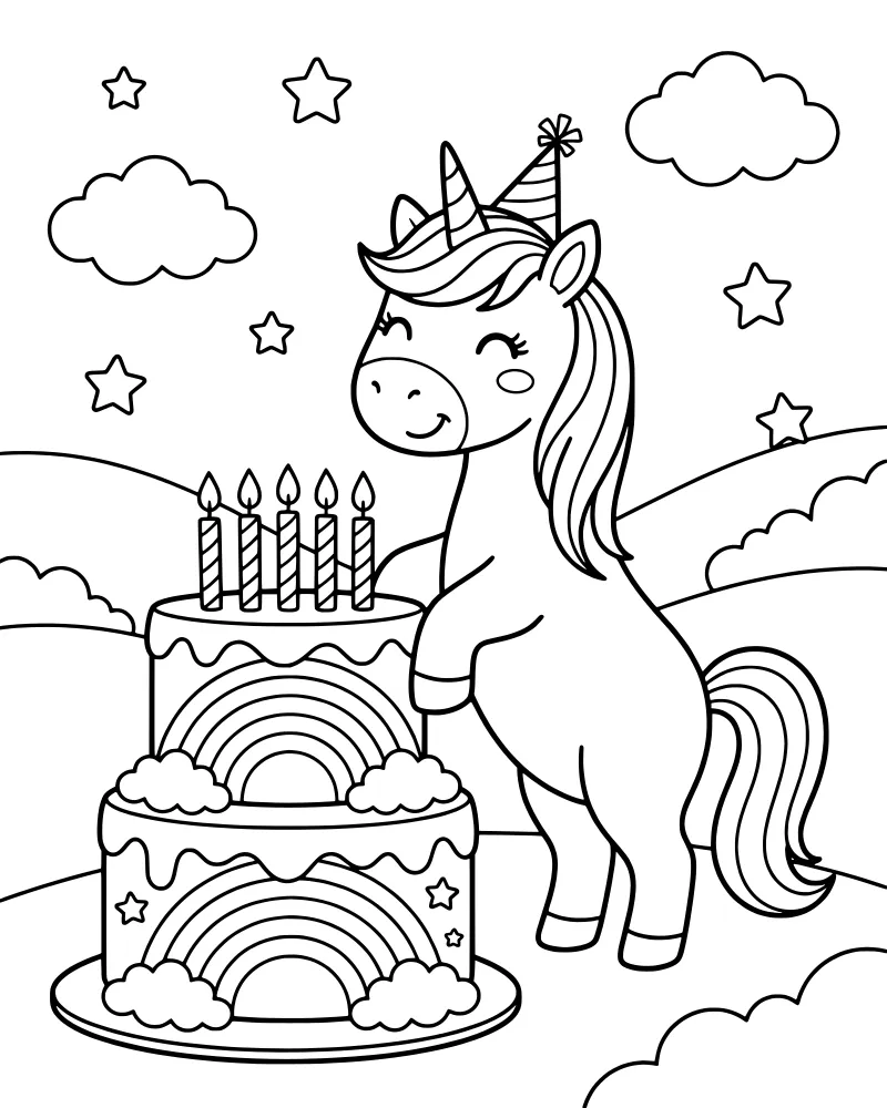 A cartoon unicorn with a party hat standing next to a large two-tiered birthday cake in a landscape of hills and stars.