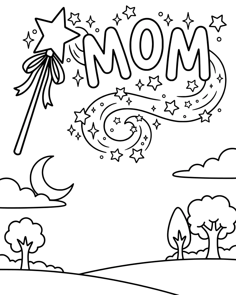 A cartoon magic wand with a star tip spelling MOM in a night sky with a crescent moon, stars, and rolling hills.