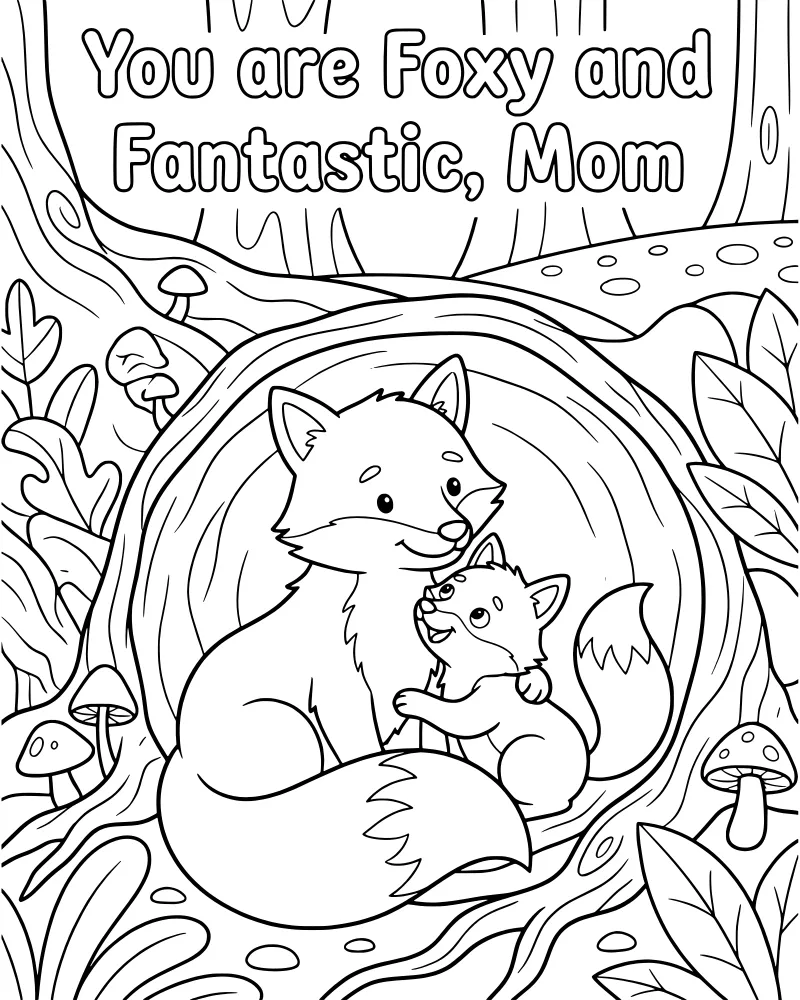 A mother fox and her baby cub hugging inside a hollow tree trunk with mushrooms and forest leaves nearby.