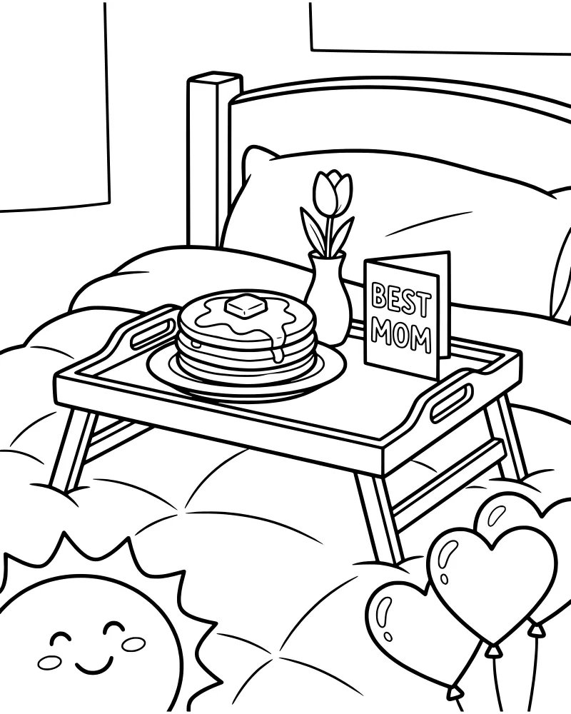 A cartoon breakfast tray on a bed with a stack of pancakes, a tulip in a vase, a card, heart balloons, and a smiling sun.