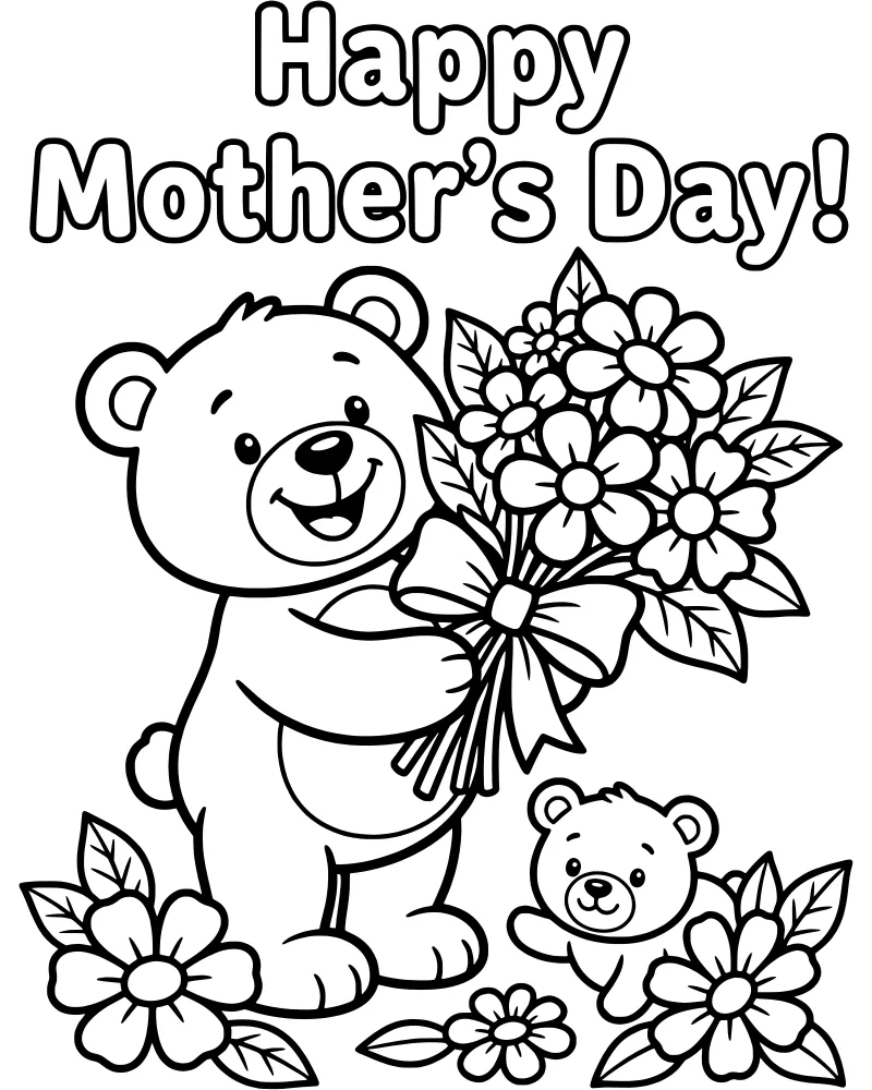 Two cartoon teddy bears, one large and one small, surrounded by blooming flowers and a bouquet with a bow under a Happy Mother's Day sign.