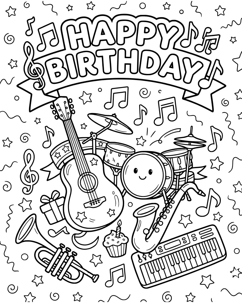 A cartoon birthday scene with a Happy Birthday banner, guitar, drum set, saxophone, keyboard, trumpet, and cupcake surrounded by musical notes and confetti.