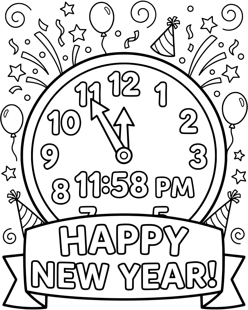A cartoon New Year's Eve scene with a clock at 11:58 PM, a Happy New Year banner, party hats, and confetti.
