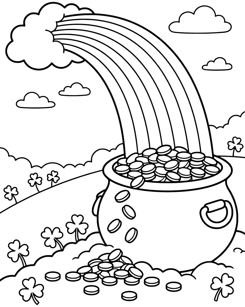 A cartoon pot of gold coins at the end of a rainbow with shamrocks on hills.
