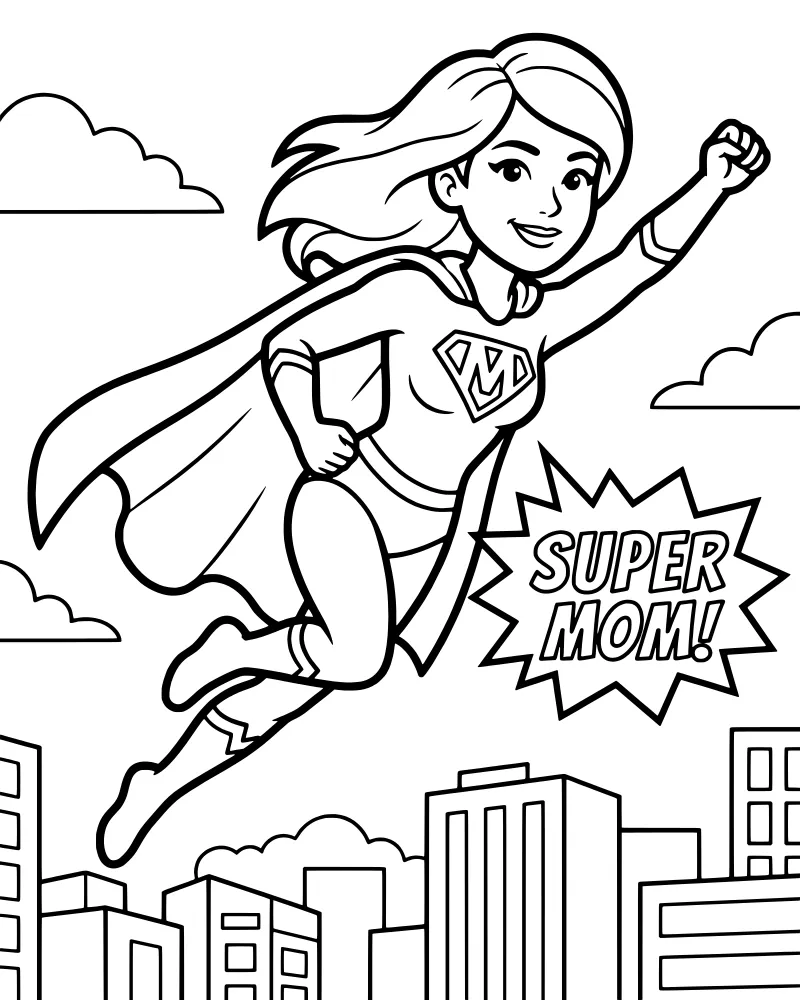 A cartoon superhero mom with a cape and chest emblem flying through the sky over a city skyline with a Super Mom speech bubble.
