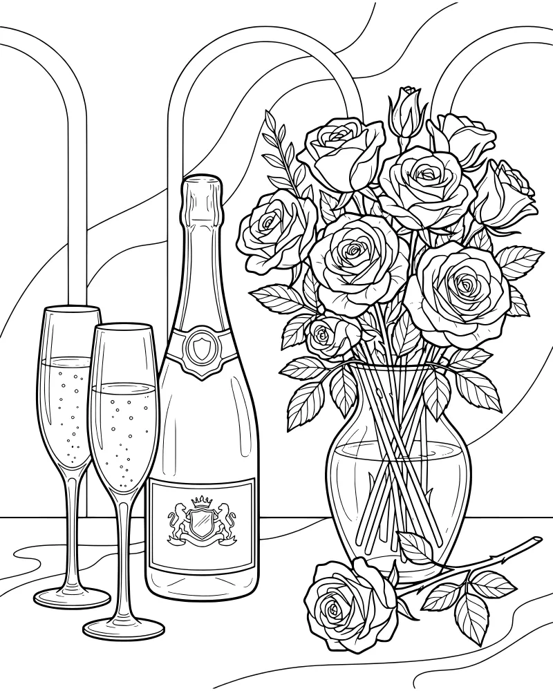 A detailed line art illustration of a champagne bottle, two glasses with bubbles, and a vase filled with roses against an abstract background.