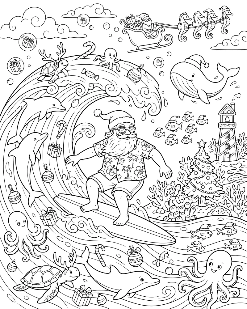 Santa Claus wearing a Hawaiian shirt and sunglasses surfing on a large wave surrounded by dolphins, sea turtles, and a seahorse-drawn sleigh.