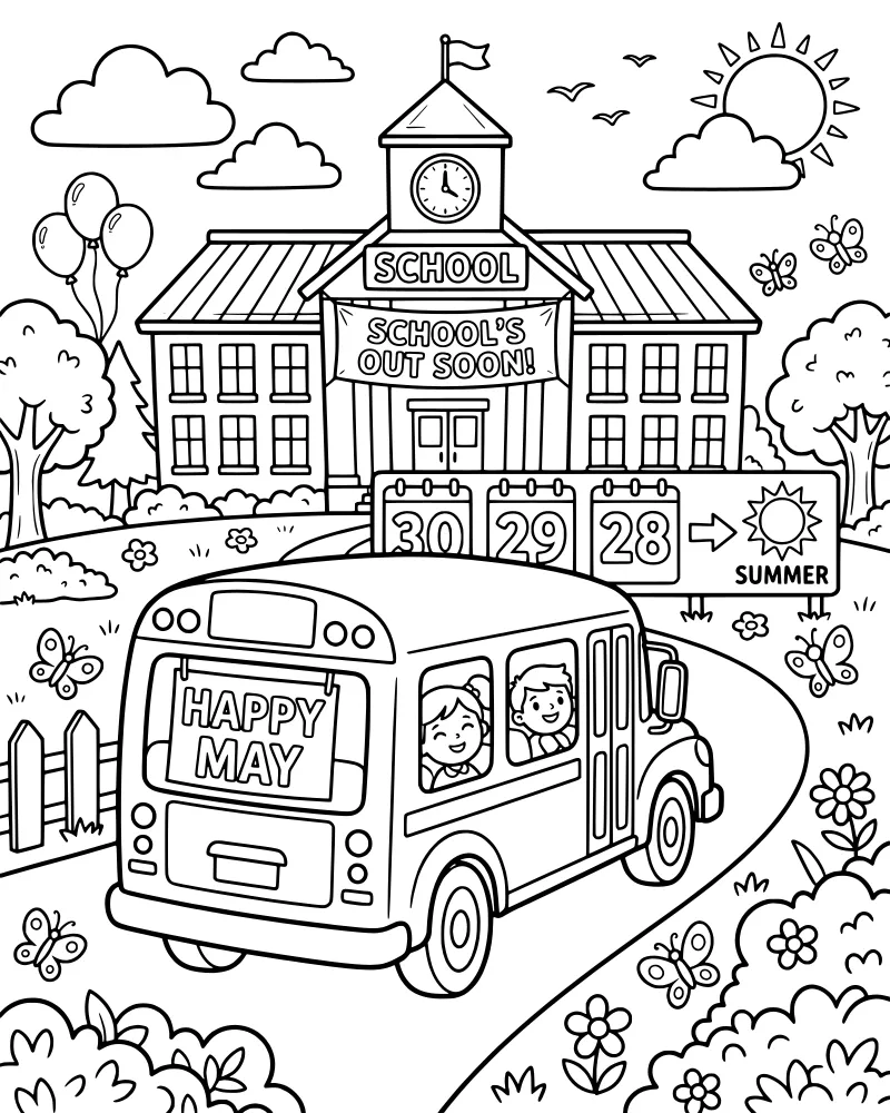 Cartoon school bus with children driving away from a school building with a banner saying school is out soon on a sunny day.