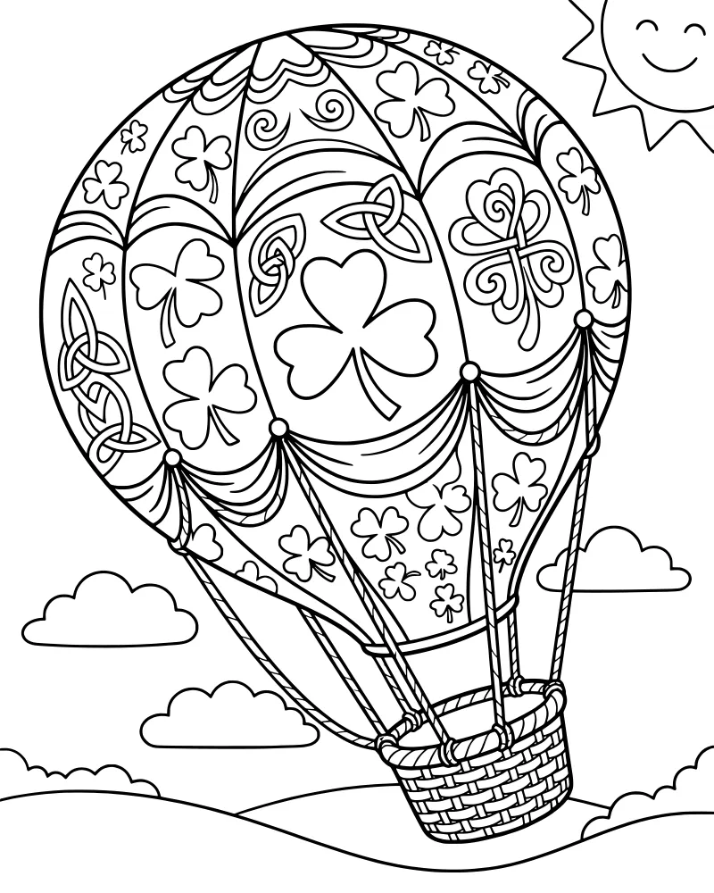 A cartoon hot air balloon decorated with shamrocks and Celtic knots floating above rolling hills under a sunny sky with clouds.