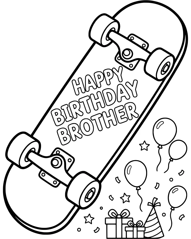 A cartoon skateboard with the words Happy Birthday Brother surrounded by balloons, gift boxes, and confetti.