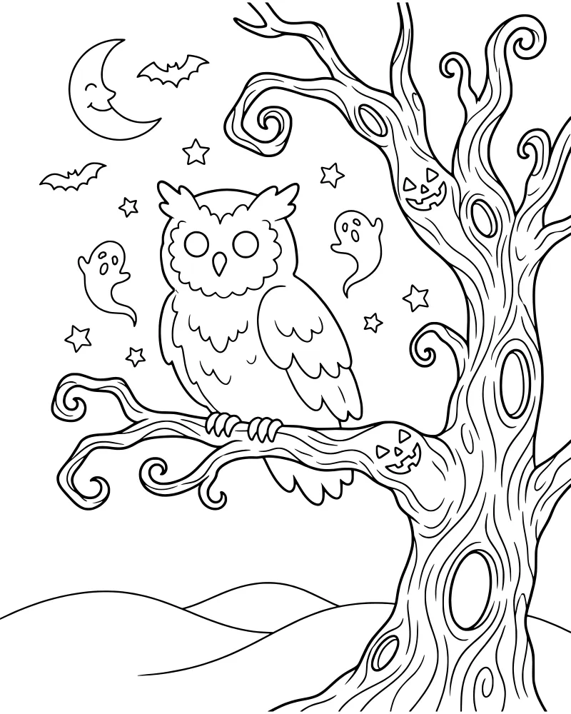 A cartoon owl perched on a gnarled tree branch with carved jack-o'-lantern faces under a smiling moon with bats and ghosts.