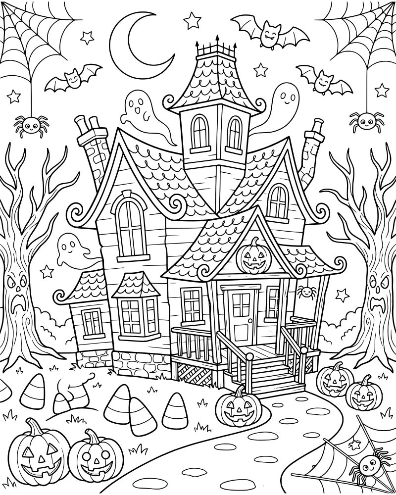 Cartoon haunted house on a hill surrounded by ghosts, bats, spiders, and jack-o-lanterns under a crescent moon.