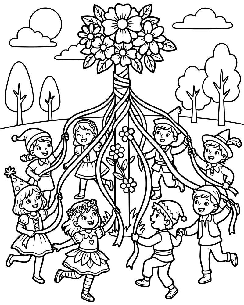 A cartoon scene of four children wearing different hats and dancing with ribbons around a maypole decorated with flowers in a park.